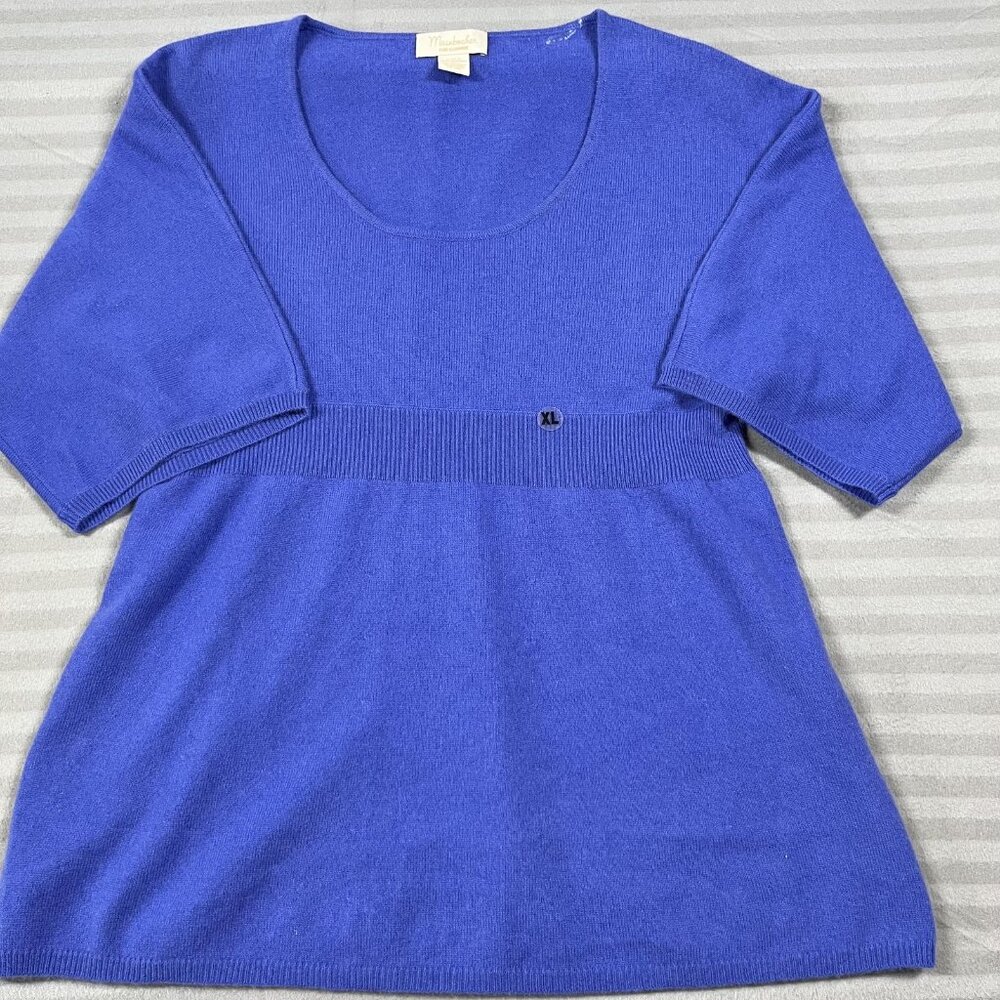 Mainbocher Sweater Womens XL Blue 100% Cashmere Short Sleeve Scoop Neck 2-Ply